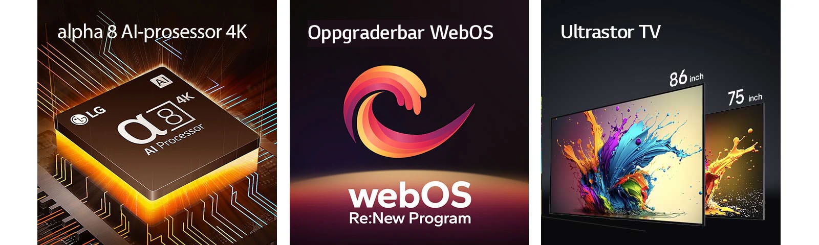 Alpha 8 AI Processor 4K vises med oransje lys som stråler nedenfra. LG QNED89, QNED90 og QNED99 TV vises i rekkefølge fra venstre til høyre. Hver TV viser et fargerikt klatt og ordene "Ultra Big TV" vises over TV-apparatene.