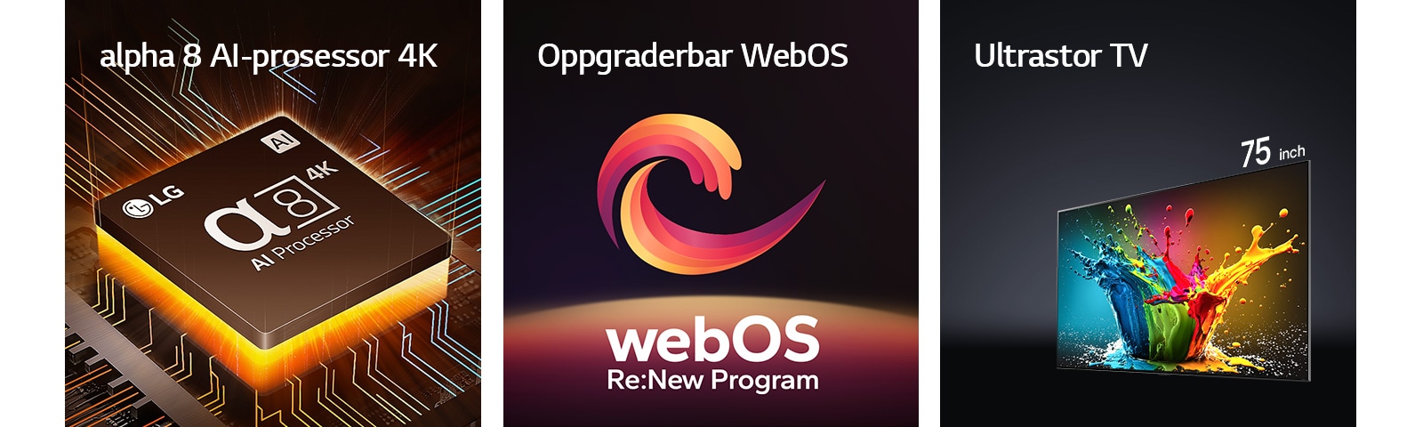 Alpha 8 AI Processor 4K vises med oransje lys som stråler nedenfra. LG QNED89, QNED90 og QNED99 TV vises i rekkefølge fra venstre til høyre. Hver TV viser et fargerikt klatt og ordene "Ultra Big TV" vises over TV-apparatene.