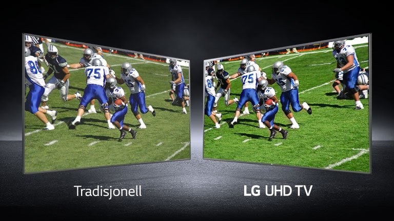Et bilde av spillere som spiller på en fotballbane fra ulike synsfelt. Den ene vises på en tradisjonell skjerm og den andre på en UHD-TV.