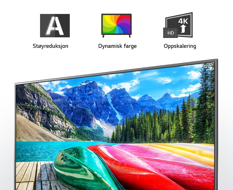 Støyreduksjon, dynamiske farger og oppskaleringsikoner, og en TV-skjerm som viser et naturtro bilde over fjell, skog og en innsjø.