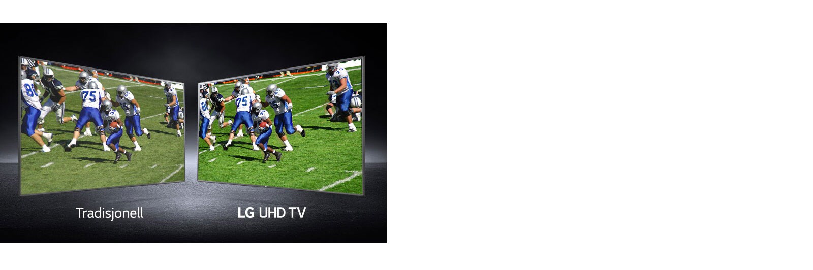 Et bilde av spillere som spiller på en fotballbane fra ulike synsfelt. Den ene vises på en tradisjonell skjerm og den andre på en UHD-TV.