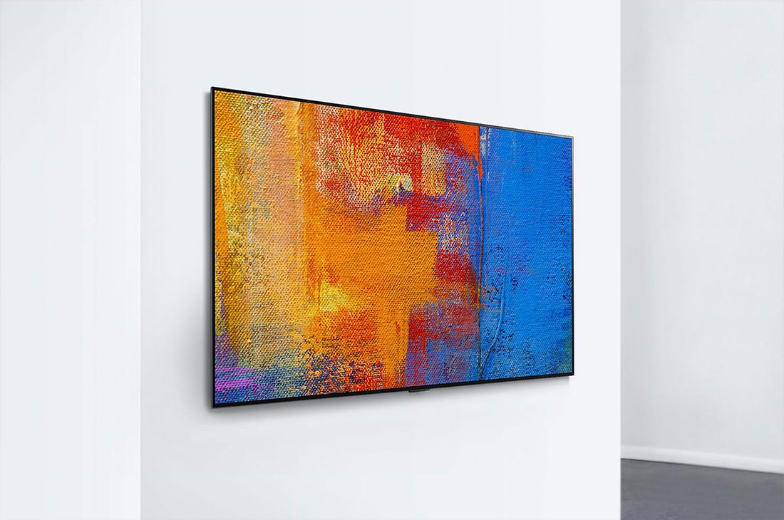 LG 65'' Gallery OLED GX 4K TV med integrert veggfeste, A side view of LG Gallery Design TV that aesthetically pops out from the wall, displaying an image of a beachside, OLED65GX6LA, thumbnail 12
