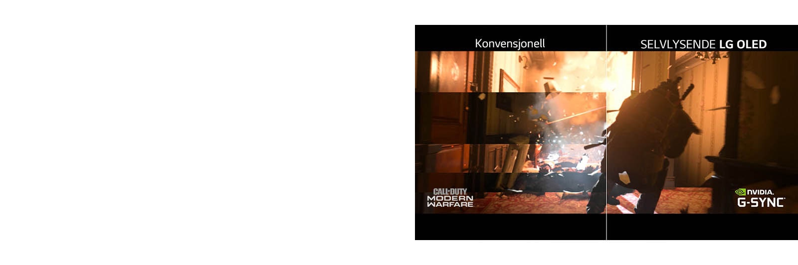 En scene fra et spill på en konvensjonell TV med skjermrivning på den ene siden og en LG OLED TV uten skjermrivning på den andre.