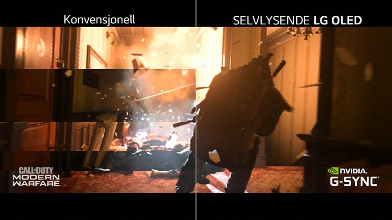 En scene fra et spill på en konvensjonell TV med skjermrivning på den ene siden og en LG OLED TV uten skjermrivning på den andre.