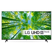 LG 65'' UQ8000 - 4K UHD Smart TV - 65UQ80006LB, Sett forfra av LGs UHD-TV med innfelt bilde og produktlogo, 65UQ80006LB, thumbnail 1