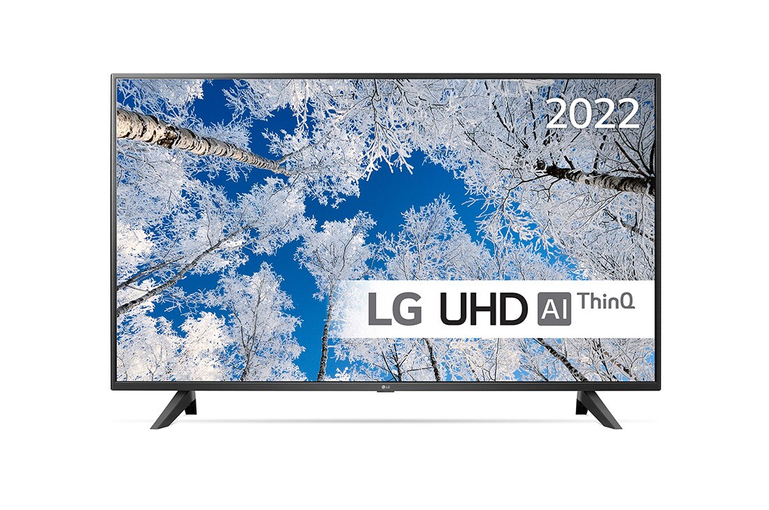 LG 43'' UQ7000 - 4K UHD Smart TV - 43UQ70006LB , Sett forfra av LGs UHD-TV med innfelt bilde og produktlogo, 43UQ70006LB