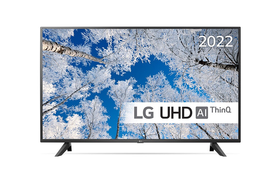 LG 55'' UQ7000 - 4K UHD Smart TV - 55UQ70006LB , Sett forfra av LGs UHD-TV med innfelt bilde og produktlogo, 55UQ70006LB