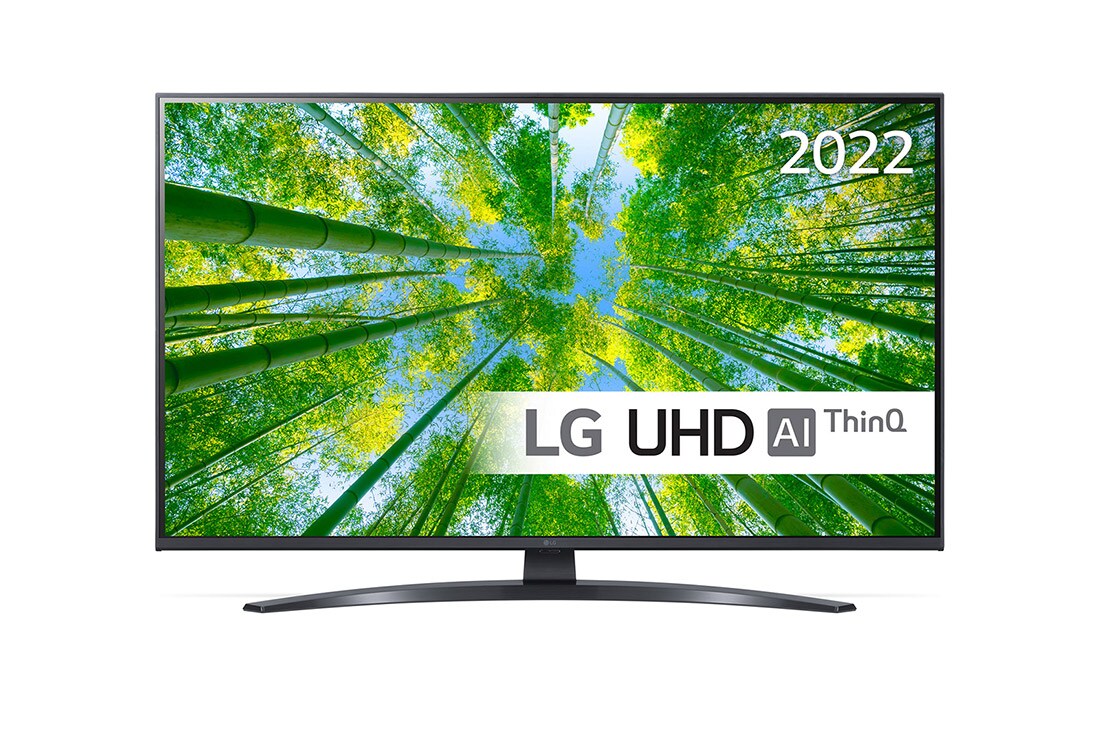 LG 43'' UQ8100 - 4K UHD Smart TV - 43UQ81006LB, Sett forfra av LGs UHD-TV med innfelt bilde og produktlogo, 43UQ81006LB