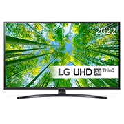 LG 43'' UQ8100 - 4K UHD Smart TV - 43UQ81006LB, Sett forfra av LGs UHD-TV med innfelt bilde og produktlogo, 43UQ81006LB, thumbnail 1