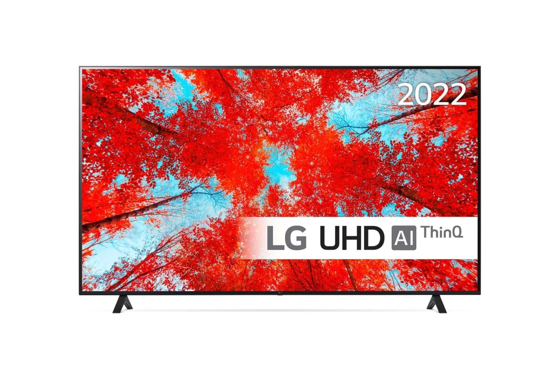 LG 75'' UQ9000 - 4K UHD Smart TV - 75UQ90006LA, Sett forfra av LGs UHD-TV med innfelt bilde og produktlogo, 75UQ90006LA