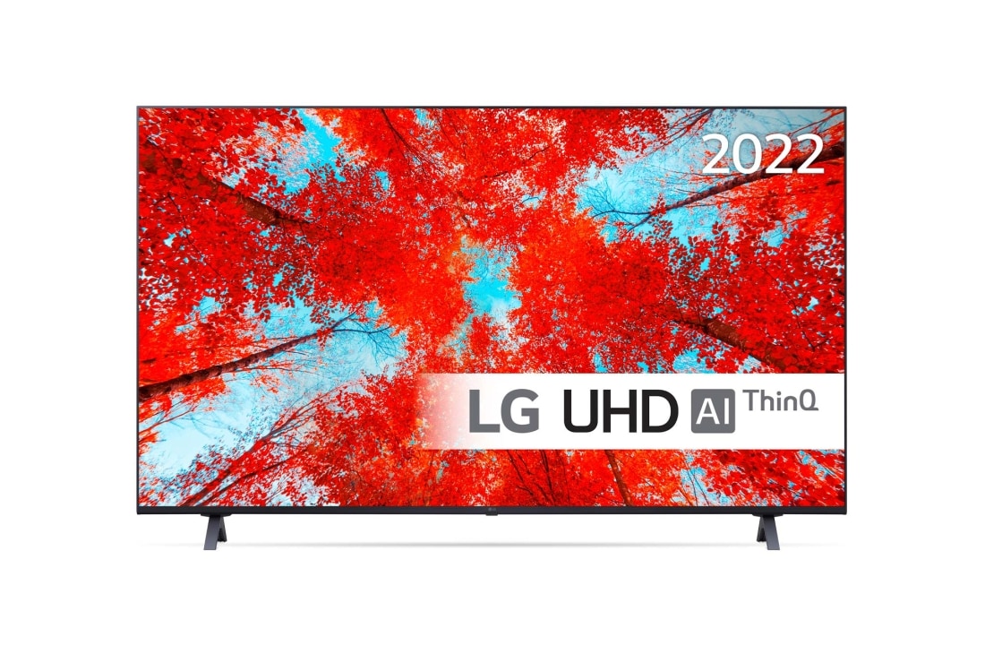LG 60'' UQ9000 - 4K UHD Smart TV - 60UQ90006LA, Sett forfra av LGs UHD-TV med innfelt bilde og produktlogo, 60UQ90006LA