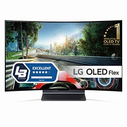 Venstrevendt Flex sett fra en 45-graders vinkel forfra med en helt buet skjerm.2