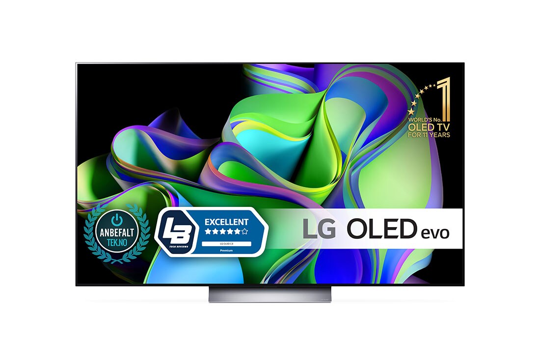 LG 65'' OLED evo C3 - 4K TV (2023), Visning forfra med emblemer for LG OLED evo og 11 år som verdensledende OLED på skjermen., OLED65C36LC