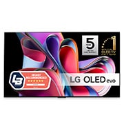LG 77'' OLED evo G3 - 4K TV (2023), Visning forfra, med LG OLED evo, emblemet «11 år som verdensledende OLED», og 5-års panelgaranti-logoen på skjermen, OLED77G36LA, thumbnail 1