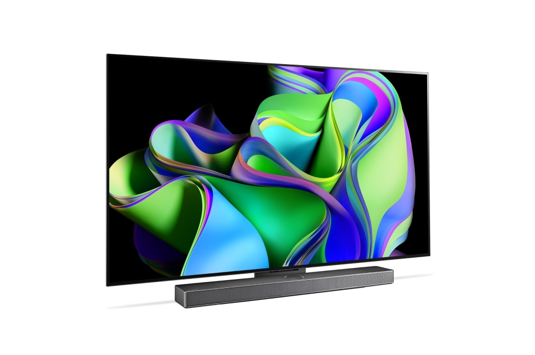 LG 77'' OLED evo C3 - 4K TV (2023), Litt vinklet visning fra venstre side med lydplanken nedenfor. , OLED77C35LA, thumbnail 4