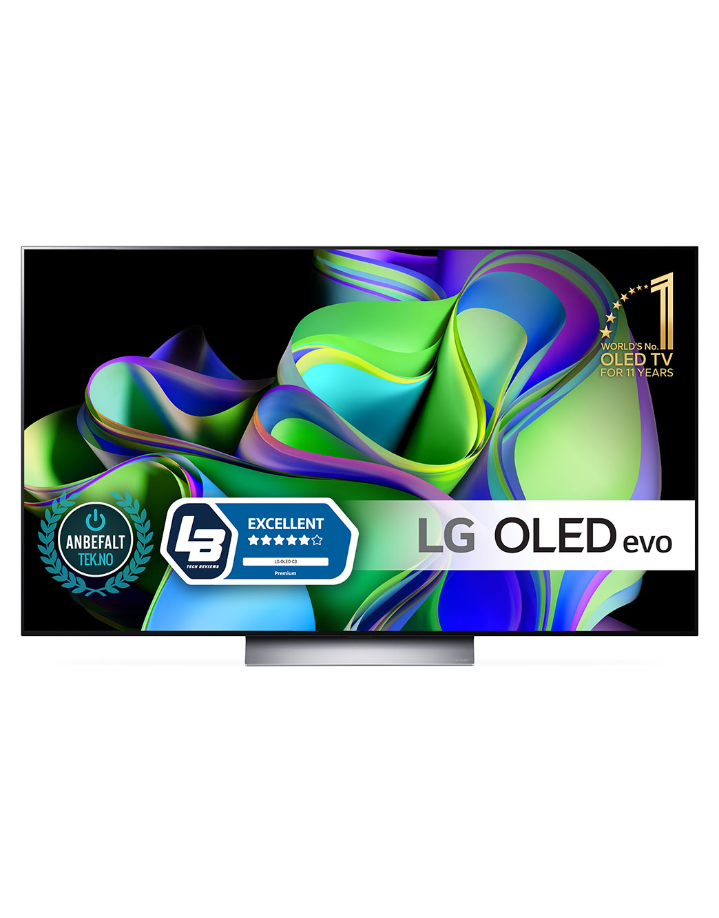 LG 55'' OLED evo C3 - 4K TV (2023), Visning forfra med emblemer for LG OLED evo og 11 år som verdensledende OLED på skjermen., OLED55C35LA