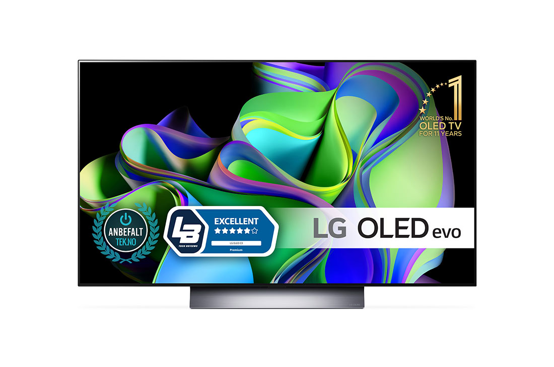 LG OLED evo C3 48 inch 4K Smart TV 2023, Visning forfra med emblemer for LG OLED evo og 11 år som verdensledende OLED på skjermen., OLED48C36LA