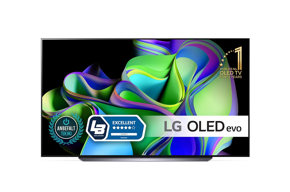 LG 83'' OLED evo C3 - 4K TV (2023), Visning forfra med emblemer for LG OLED evo og 11 år som verdensledende OLED på skjermen., OLED83C36LA