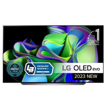 Visning forfra med emblemer for LG OLED evo og 10 år som verdensledende OLED på skjermen.1