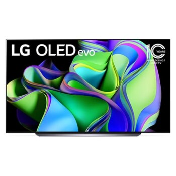 Visning forfra med emblemer for LG OLED evo og 10 år som verdensledende OLED på skjermen.1