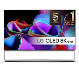 Visning forfra, med emblemet for LG OLED 8K evo, «11 år som verdensledende OLED», og 5-års panelgaranti-logoen på skjermen.2