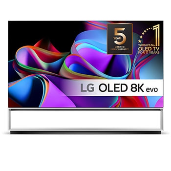 Visning forfra, med emblemet for LG OLED 8K evo, «11 år som verdensledende OLED», og 5-års panelgaranti-logoen på skjermen.1