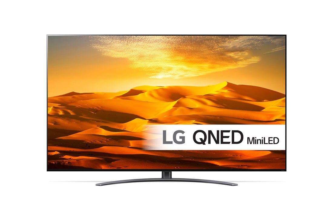 LG 65'' QNED 91 - QNED Mini LED 4K Smart TV - 65QNED916QE, Visning forfra av LG QNED-TV med tilleggsbilde og produktlogo på, 65QNED916QE