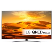LG 75'' QNED 91 - QNED Mini LED 4K Smart TV - 75QNED916QE, Visning forfra av LG QNED-TV med tilleggsbilde og produktlogo på, 75QNED916QE, thumbnail 1