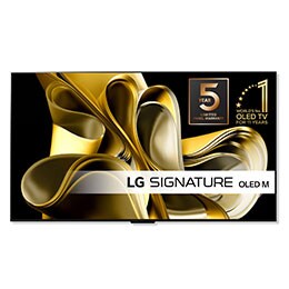 Bilde forfra med LG OLED M3 og Zero Connect Box under, emblem med teksten "11 Years World No.1" OLED, LG OLED evo og logoen for den 5-årige panelgarantien på skjermen2