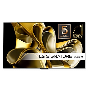 Bilde forfra med LG OLED M3 og Zero Connect Box under, emblem med teksten "11 Years World No.1" OLED, LG OLED evo og logoen for den 5-årige panelgarantien på skjermen1