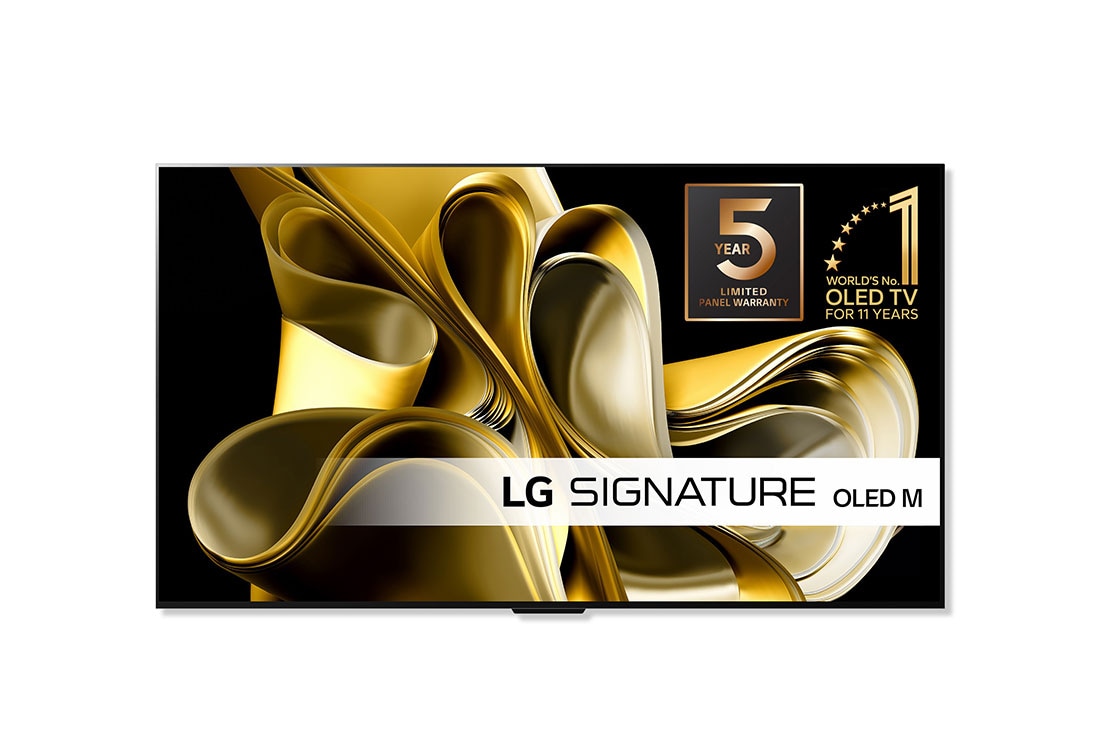 LG Verdens første ekte trådløse TV 97 tommer LG SIGNATURE OLED M3 med 4K 120 Hz video- og lydoverføring , Bilde forfra med LG OLED M3 og Zero Connect Box under, emblem med teksten "11 Years World No.1" OLED, LG OLED evo og logoen for den 5-årige panelgarantien på skjermen, OLED97M39LA