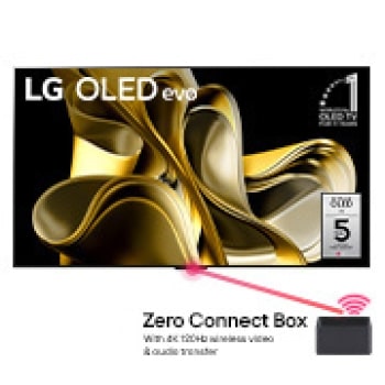 Bilde forfra med LG OLED M3 og Zero Connect Box under, emblem med teksten "11 Years World No.1" OLED, LG OLED evo og logoen for den 5-årige panelgarantien på skjermen1