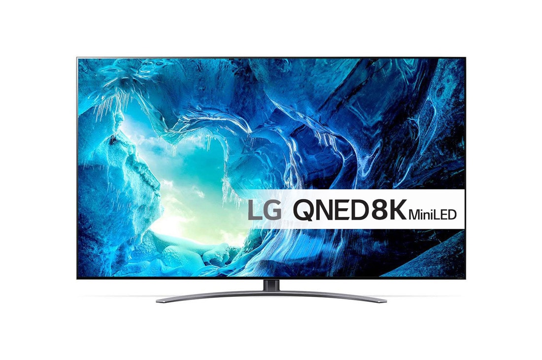 LG 65'' QNED 96 - 8K QNED Mini LED Smart TV - 65QNED966QA, Visning forfra av LG QNED-TV med tilleggsbilde og produktlogo på, 65QNED966QA