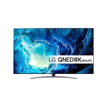 Visning forfra av LG QNED-TV med tilleggsbilde og produktlogo på1
