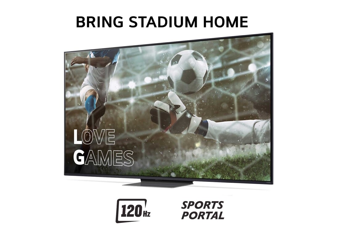 LG 86'' QNED AI 86 - 4K Smart TV (2024), Bring Stadium Home med TV som har fotballbilde med Love Games og 120 Hz, Sports Portal skrevet nederst, 86QNED86T6A, thumbnail 3