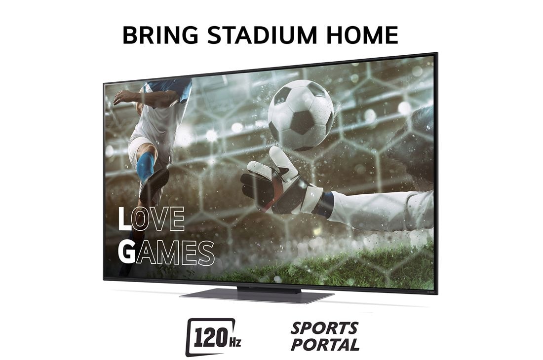 LG 55'' QNED AI 87 - 4K Smart TV (2024), Bring Stadium Home med TV som har fotballbilde med Love Games og 120 Hz, Sports Portal skrevet nederst, 55QNED87T6B, thumbnail 3