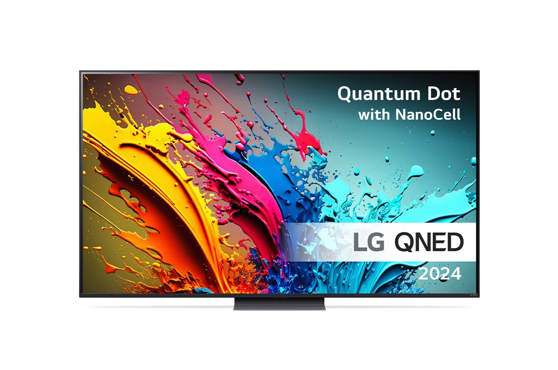 LG 65'' QNED 86 - 4K Smart TV (2024), LG QNED TV, QNED85 sett forfra med tekst fra LG QNED, Quantum Dot med NanoCell og 2024 på skjermen, 65QNED86T6A