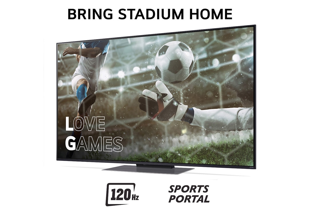 LG 55'' QNED AI 86 - 4K Smart TV (2024), Bring Stadium Home med TV som har fotballbilde med Love Games og 120 Hz, Sports Portal skrevet nederst, 55QNED86T6A, thumbnail 3