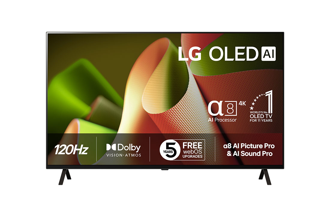 LG 65 tommers LG OLED AI B4 4K Smart TV OLED65B4, Sett forfra med LG OLED TV, OLED B4, 11 Years of world number 1 OLED-emblem og alpha 8 4K AI-prosessor Gen7-logo., OLED65B4ELA