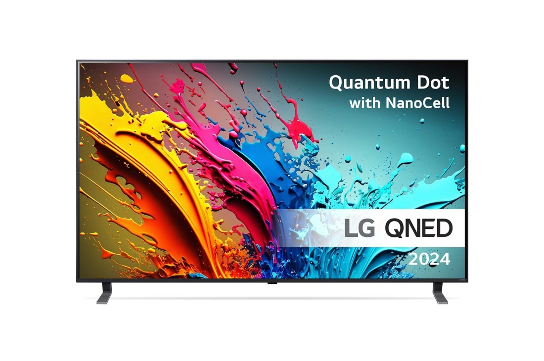 LG 55'' QNED 85 - 4K Smart TV (2024), LG QNED TV, QNED85 sett forfra med tekst fra LG QNED, Quantum Dot med NanoCell og 2024 på skjermen, 55QNED85T6C