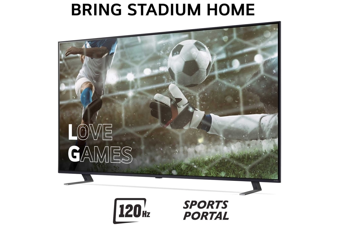 LG 75'' QNED AI 85 - 4K Smart TV (2024), Bring Stadium Home med TV som har fotballbilde med Love Games og 120 Hz, Sports Portal skrevet nederst, 75QNED85T6C, thumbnail 3