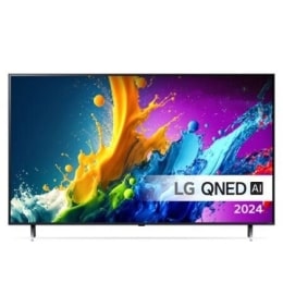 Visning forfra av LG UHD TV, UT73 med teksten LG UHD AI ThinQ, 2024, og webOS Re:New Program-logoen på skjermen2