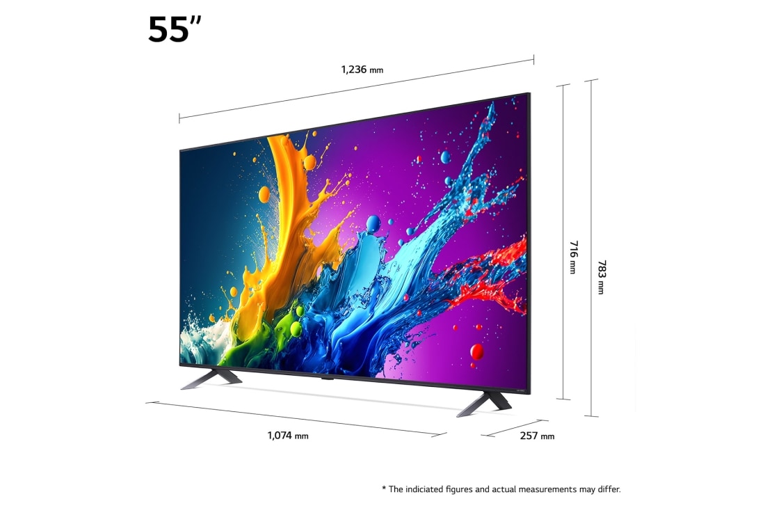 LG 55'' QNED AI 80 - 4K Smart TV (2024), Størrelsesoversikt over skjermbredde, skjermhøyde, total høyde med stativ, stativbredde og stativdybde, 55QNED80T6A, thumbnail 5