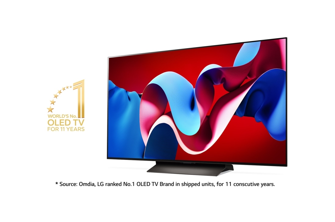 LG 77'' OLED evo AI C4 - 4K TV (2024), Lett vinklet sidevisning til venstre med 11 Years of world number 1 OLED-emblem med ansvarsfraskrivelse. Omdia, LG rangert som nr. 1 OLED TV-merke i leverte enheter, i 11 år på rad., OLED77C44LA, thumbnail 2
