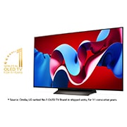 LG 77'' OLED evo AI C4 - 4K TV (2024), Lett vinklet sidevisning til venstre med 11 Years of world number 1 OLED-emblem med ansvarsfraskrivelse. Omdia, LG rangert som nr. 1 OLED TV-merke i leverte enheter, i 11 år på rad., OLED77C44LA, thumbnail 2