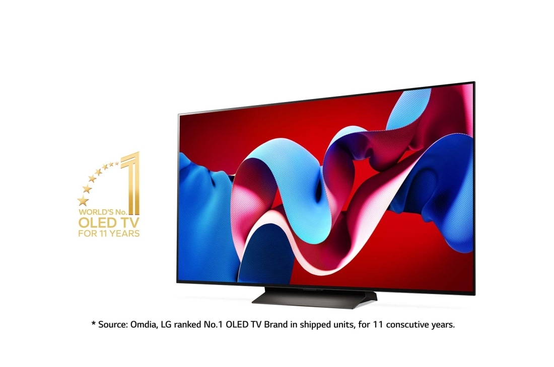 LG 65'' OLED evo AI C4 - 4K TV (2024), Lett vinklet sidevisning til venstre med 11 Years of world number 1 OLED-emblem med ansvarsfraskrivelse. Omdia, LG rangert som nr. 1 OLED TV-merke i leverte enheter, i 11 år på rad., OLED65C44LA, thumbnail 2