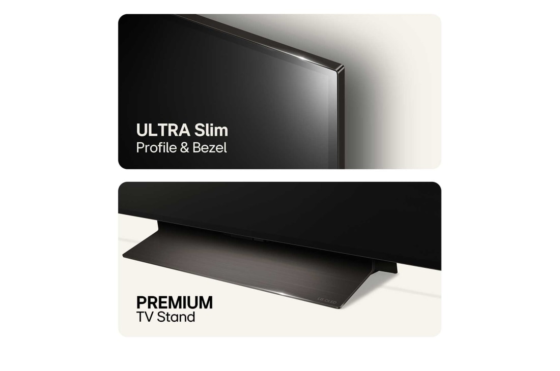 LG 65'' OLED evo AI C4 - 4K TV (2024), Toppbilde av ultraslank profil og ramme, og bunnbilde av premium TV-stativ, OLED65C44LA, thumbnail 6