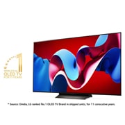 LG 65'' OLED evo AI C4 - 4K TV (2024), Lett vinklet sidevisning til venstre med 11 Years of world number 1 OLED-emblem med ansvarsfraskrivelse. Omdia, LG rangert som nr. 1 OLED TV-merke i leverte enheter, i 11 år på rad., OLED65C44LA, thumbnail 2