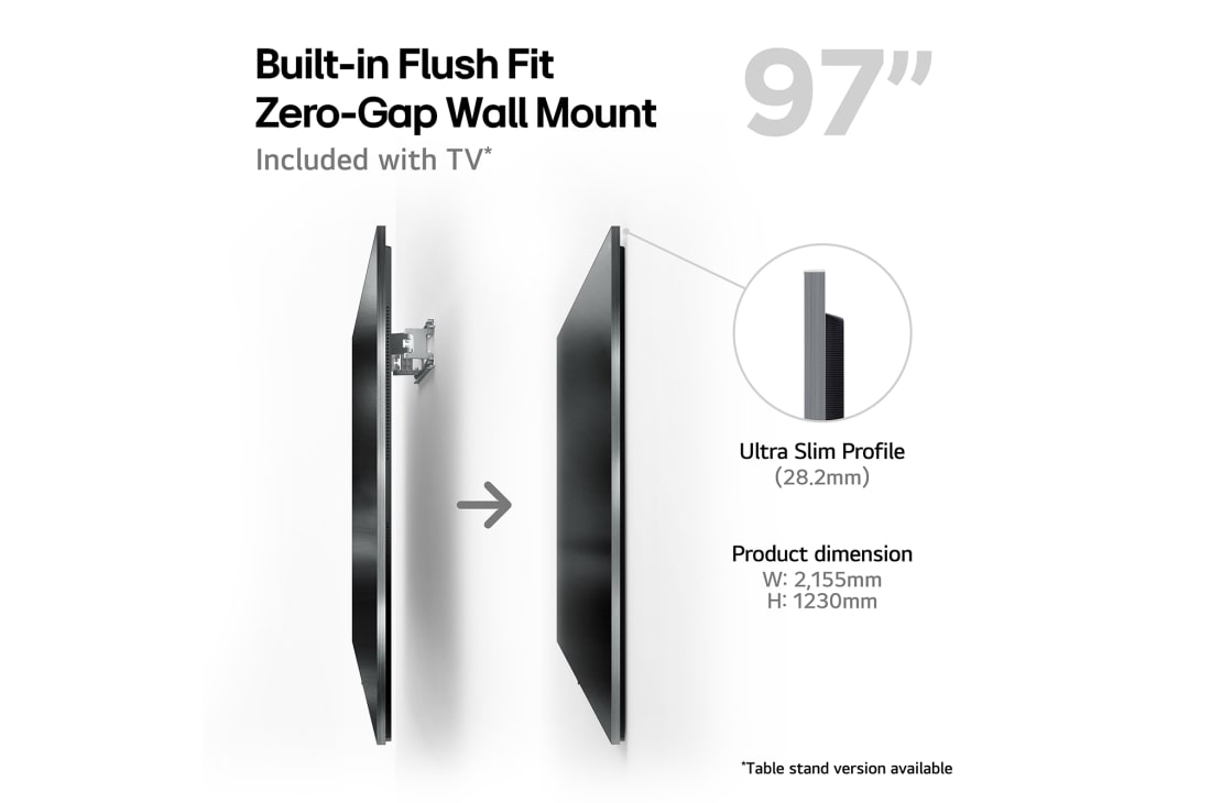 LG 97'' OLED evo AI G4 - 4K TV (2024), Innebygd Flush Fit Zero-Gap veggfeste med produktdimensjoner., OLED97G45LW, thumbnail 5