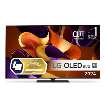 Sett forfra med LG OLED evo TV, OLED G4, 11 Years of world number 1 OLED-emblem og alpha 11 4K AI-prosessorlogo.1